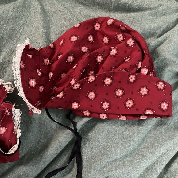 Vintage Handmade Prairie Dress Bonnet Historical Reenactment Calico Red Pioneer - Picture 11 of 13